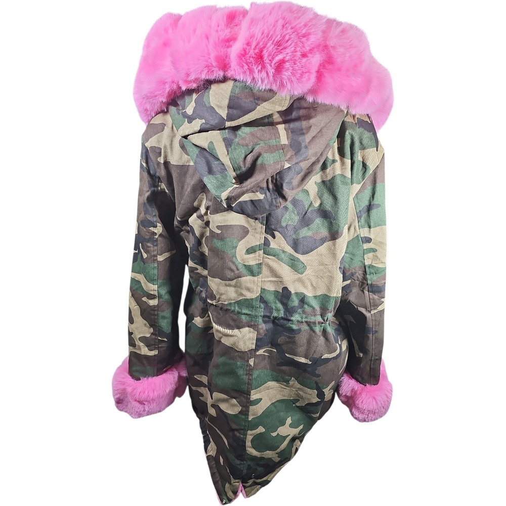 NWOT Roiii Pink Faux Fur-lined Coat with Camo Cotton Blend Shell - Picture 3 of 7
